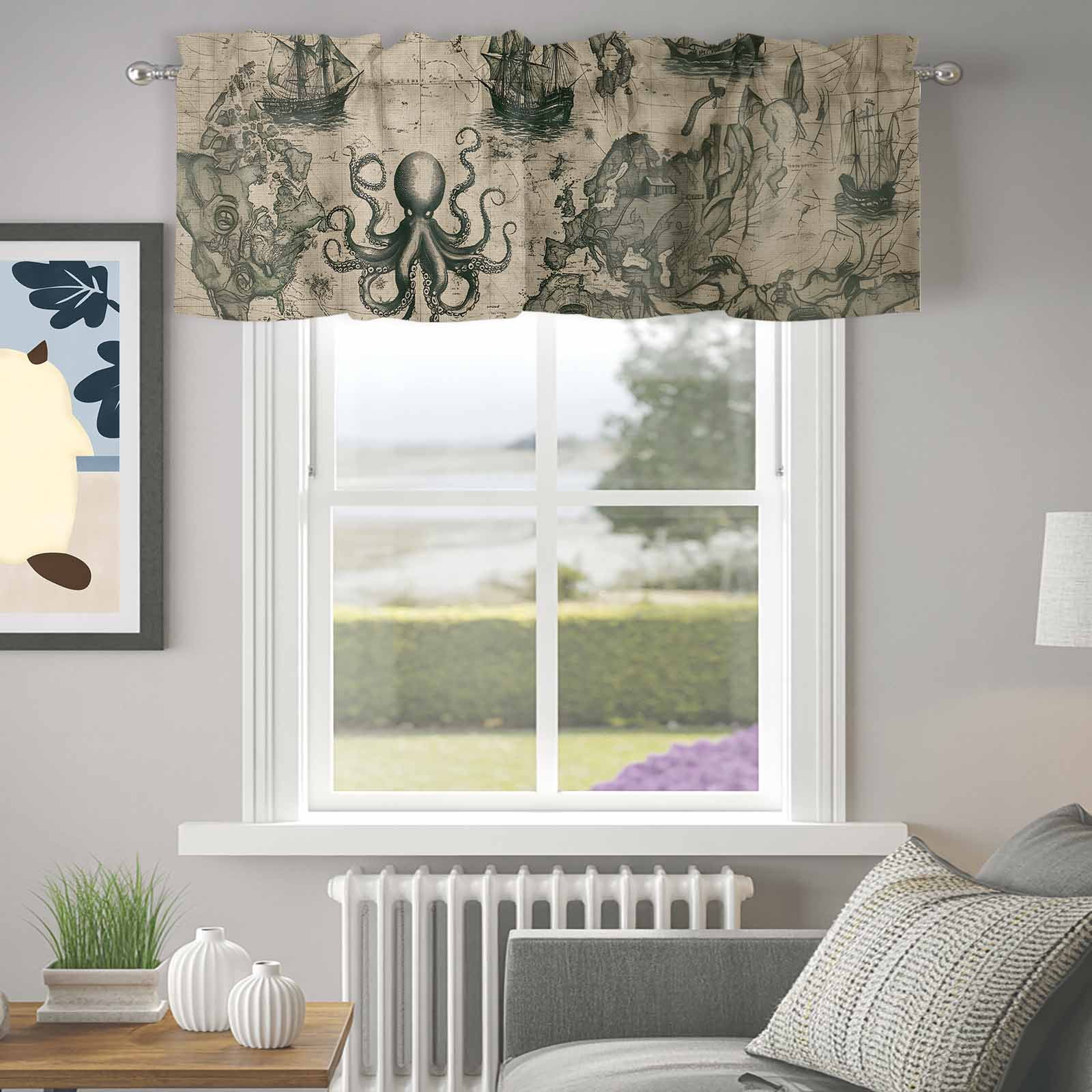 Window Map Rod Valance for Windows,Ocean Octopus Vintage Maps Valances Curtain Rod ...