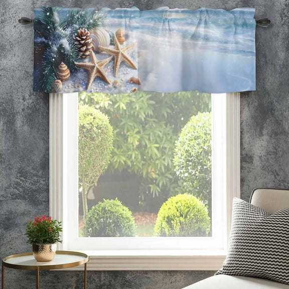 Valance for Windows,Ocean Starfish Shell Christmas Pine Cone Valances Curtain Rod Pocket Valance for Kitchen Bedroom Living Room Bathroom,Winter Snow Blue Ocean Short Window Treatment 42x12in