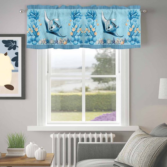 Valance for Windows,Oceans Devilfish Sea Stars Valances Curtain Rod Pocket Valance for Kitchen Bedroom Living Room Bathroom,Shells Blue Striped Short Curtains Window Treatment 42x12in
