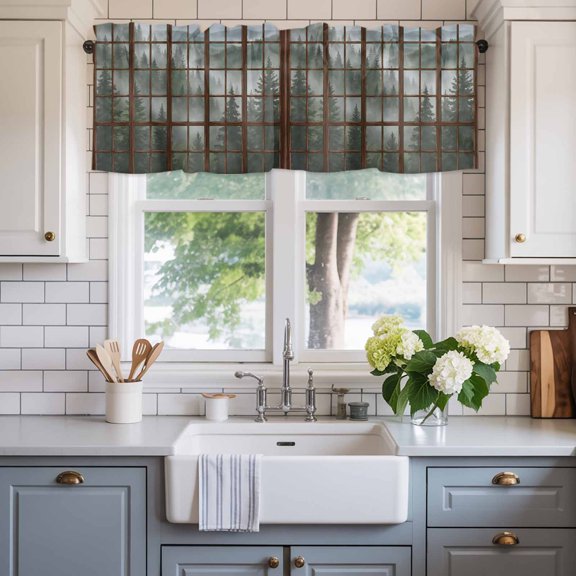 Valance for Windows,Old Wooden Stained Windows Valances Curtain Rod Pocket Valance for Kitchen Bedroom Living Room Bathroom,Needle Forest Mountains Short Curtains Window Treatment 54x18in