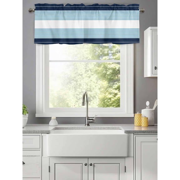 Valance for Windows,Ombre Navy Blue Light Blue Linen Valances Curtain Rod Pocket Valance for Kitchen Bedroom Living Room Bathroom,Modern Minimalist Lines Short Curtains Window Treatment 42x12in