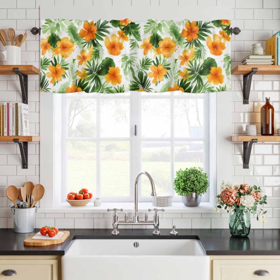 Valance for Windows,Ombre Watercolor Tropical Leaves Valances Curtain Rod Pocket Valance for Kitchen Bedroom Living Room Bathroom,Summer Orange Floral Leaves Short Curtains Window Treatment 54x18in