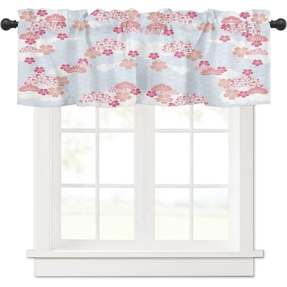 Valance for Windows Polyester Semi Sheer Valances for Living Room Bathroom Bedroom, Japan Style Pink Cherry Blossoms and Wave Clouds Kitchen Window Valance Rod Pocket Valance Curtains 54x18 Inches