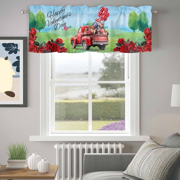 Valance for Windows,Red Truck Flowers Rugby Valances Curtain Rod Pocket Valance for Kitchen Bedroom Living Room Bathroom,Happy Valentine's Day Short Curtains Window Treatment 42x12in