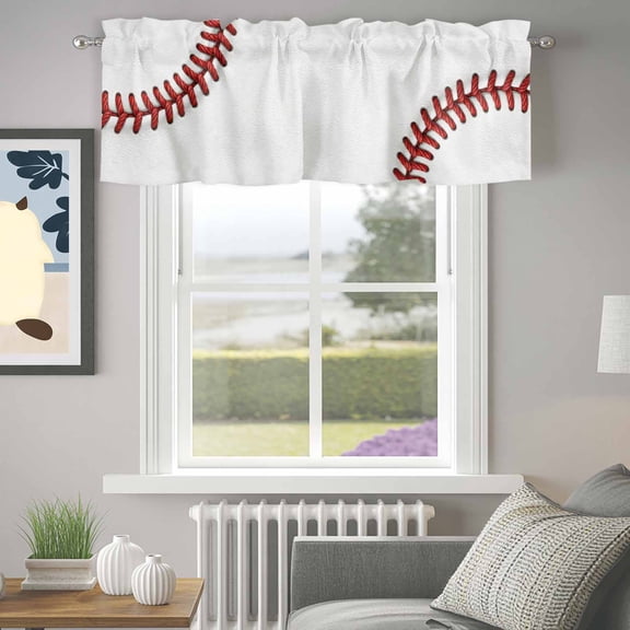 Valance for Windows,Red White Baseball Stitching Texture Valances Curtain Rod Pocket Valance for Kitchen Bedroom Living Room Bathroom,Sport Theme Short Curtains Window Treatment 42x12in