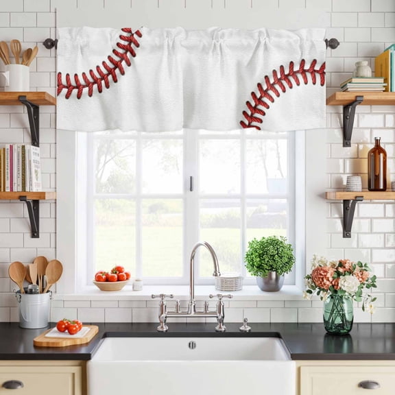 Valance for Windows,Red White Baseball Stitching Texture Valances Curtain Rod Pocket Valance for Kitchen Bedroom Living Room Bathroom,Sport Theme Short Curtains Window Treatment 54x18in