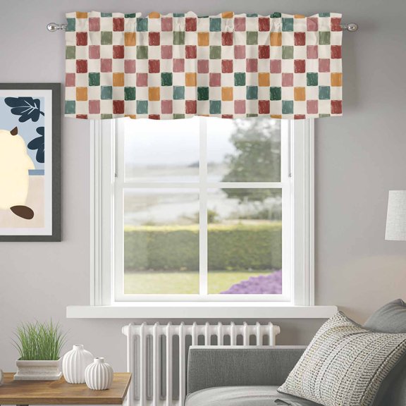 Valance for Windows,Retro Colorful Buffalo Plaid Valances Curtain Rod Pocket Valance for Kitchen Bedroom Living Room Bathroom,Red Pink Orange Green Beige Check Short Curtains Window Treatment 42x12in