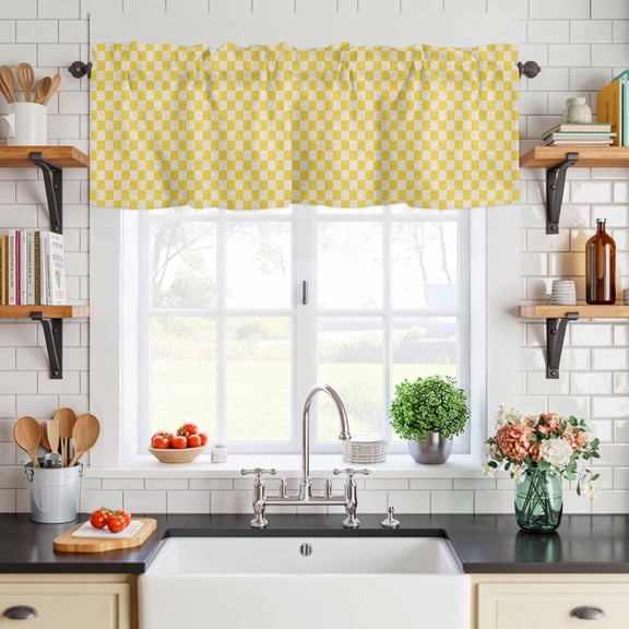 Valance for Windows,Retro Farm Beige Yellow Check Valances Curtain Rod Pocket Valance for Kitchen Bedroom Living Room Bathroom,Rural Pastoral Buffalo Short Curtains Window Treatment 54x18in