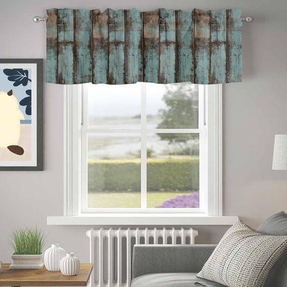 Valance for Windows,Retro Gradient Teal Wood Grain Valances Curtain Rod Pocket Valance for Kitchen Bedroom Living Room Bathroom,Country Old Board Short Curtains Window Treatment 42x12in
