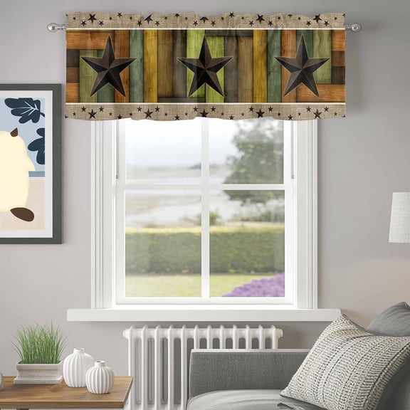 Valance for Windows,Rustic Barn Star Valances Curtain Rod Pocket Valance for Kitchen Bedroom Living Room Bathroom,Retro Farm Wood Planks Border Short Curtains Window Treatment 42x12in