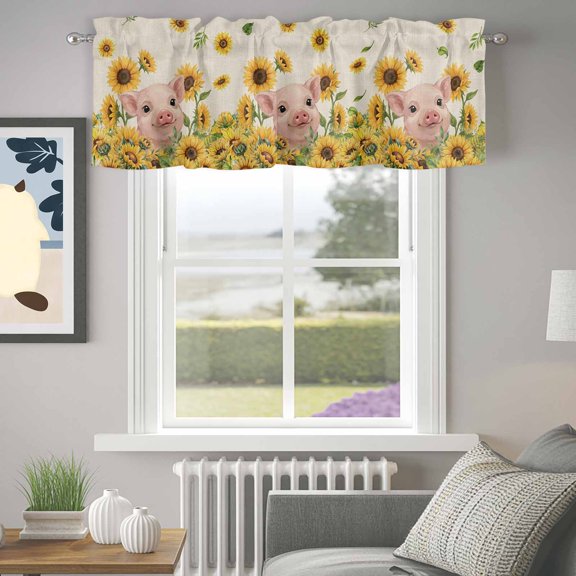 Valance for Windows,Rustic Blossom Sunflower Pig Valances Curtain Rod Pocket Valance for Kitchen Bedroom Living Room Bathroom,Spring Floral Animal on Linen Short Curtains Window Treatment 42x12in