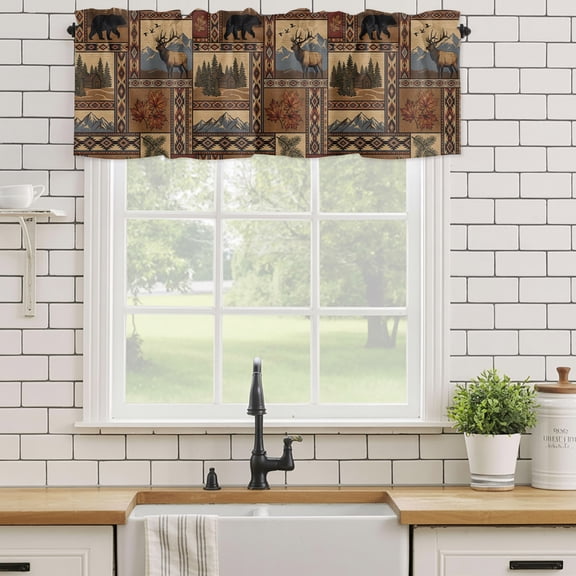 Valance for Windows,Rustic Elk Bear Mountain Forest Valances Curtain Rod Pocket Valance for Kitchen Bedroom Living Room Bathroom,Brown Buffalo Plaid Short Curtains Window Treatment 54x18in