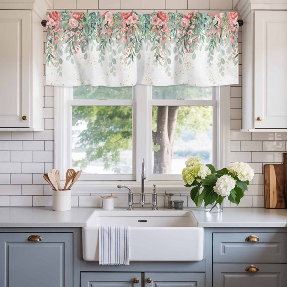 Valance for Windows,Rustic Eucalyptus Blossom Floral Valances Curtain Rod Pocket Valance for Kitchen Bedroom Living Room Bathroom,Ombre Flower Leaves Short Curtains Window Treatment 54x18in
