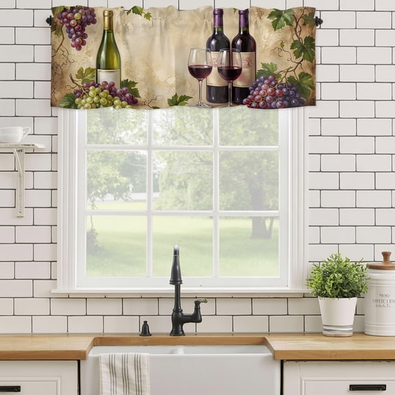 Valance for Windows,Rustic Grapes Wine Goblets Bottles Valances Curtain Rod Pocket Valance for Kitchen Bedroom Living Room Bathroom,Farmhouse Italian Manor Short Curtains Window Treatment 54x18in