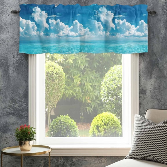 Valance for Windows,Sea Wave Blue Sky White Clouds Valances Curtain Rod Pocket Valance for Kitchen Bedroom Living Room Bathroom,Summer Beach Theme Short Curtains Window Treatment 42x12in