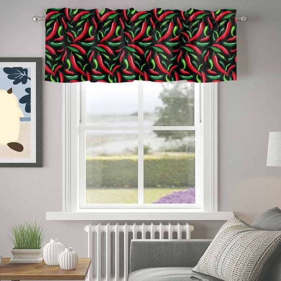 Valance for Windows,Spicy Chili Pepper Pattern Valances Curtain Rod Pocket Valance for Kitchen Bedroom Living Room Bathroom,Red Green Peppers on Black Short Curtains Window Treatment 42x12in
