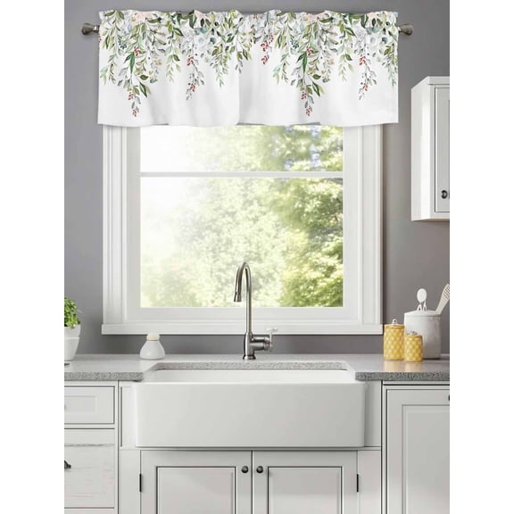 Valance for Windows,Summer Green Leaf on White Valances Curtain Rod Pocket Valance for Kitchen Bedroom Living Room Bathroom,Falling Leaves Watercolor Short Curtains Window Treatment 42x12in