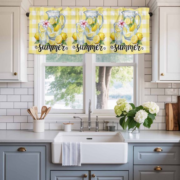 Valance for Windows,Summer Lemons Glass Cup Valances Curtain Rod Pocket Valance for Kitchen Bedroom Living Room Bathroom,Yellow White Check Short Curtains Window Treatment 54x18in