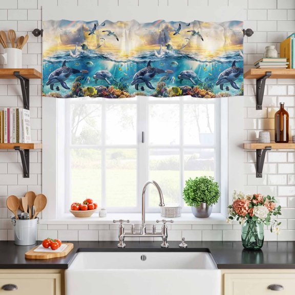 Valance for Windows,Underwater World Dolphins Seagulls Valances Curtain Rod Pocket Valance for Kitchen Bedroom Living Room Bathroom,Tropical Ocean Marine Life Short Curtains Window Treatment 54x18in