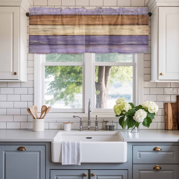 Valance for Windows,Vintage Farmhouse Wood Board Valances Curtain Rod Pocket Valance for Kitchen Bedroom Living Room Bathroom,Purple Brown Beige Wooden Short Curtains Window Treatment 54x18in