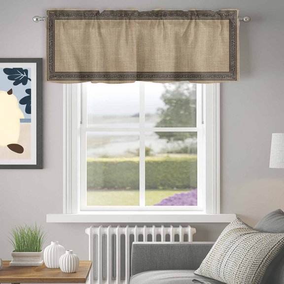 Valance for Windows,Vintage Greece Pattern Valances Curtain Rod Pocket Valance for Kitchen Bedroom Living Room Bathroom,Geometric Black Line on Brown Short Curtains Window Treatment 42x12in