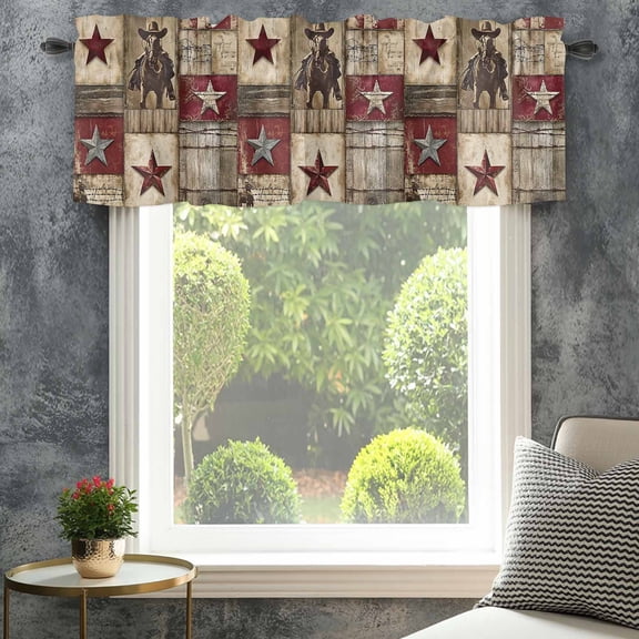 Valance for Windows,Vintage Texas Western Country Star Valances Curtain Rod Pocket Valance for Kitchen Bedroom Living Room Bathroom,Cowboy Horse Wooden Plank Short Curtains Window Treatment 42x12in