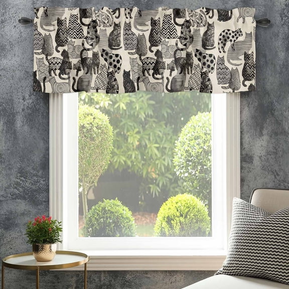 Valance for Windows,Vintage Wave Points Stripes Cats on Linen Valances Curtain Rod Pocket Valance for Kitchen Bedroom Living Room Bathroom,Geometric Texture Short Curtains Window Treatment 42x12in