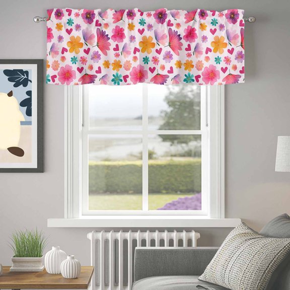 Valance for Windows,Watercolor Red Green Pink Flower Valances Curtain Rod Pocket Valance for Kitchen Bedroom Living Room Bathroom,Spring Floral Love Heart Short Curtains Window Treatment 42x12in