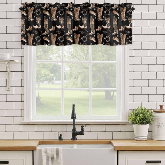 Valance for Windows,Western Cowboy Boots Valances Curtain Rod Pocket Valance for Kitchen Bedroom Living Room Bathroom,Farm Vintage Shoes on Black Short Curtains Window Treatment 54x18in
