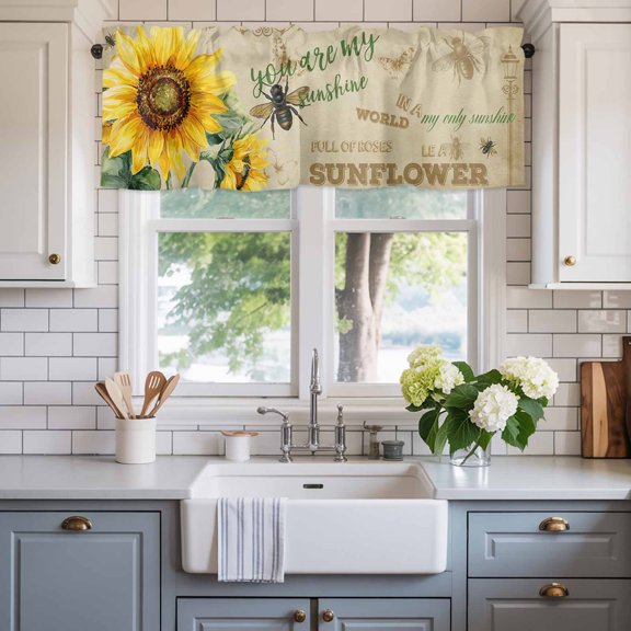 Valance for Windows,YOU ARE MY SUNSHINE Words Valances Curtain Rod Pocket Valance for Kitchen Bedroom Living Room Bathroom,Retro Farm Sunflowers Short Curtains Window Treatment 54x18in