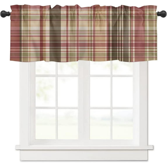 Valances Curtain Buffalo Check Plaid Kitchen Curtain Valances Rod Pocket Brown Plaid Farmhouse Vintage Window Curtain Treatment Short Topper Curtains for Kitchen Living Room 1 Panel 54x18 Inch