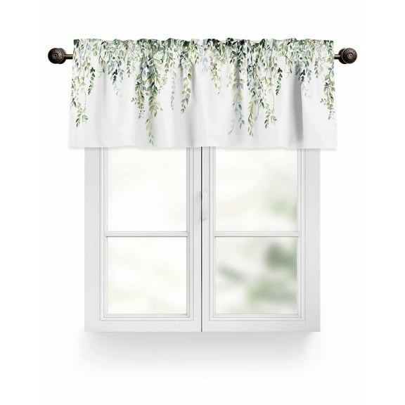 Valances Curtain for Kitchen Cafe, Spring Eucalyptus Leaves on White Window Valance 1 Panel Short Curtains 54x18in Rod Pocket Windows Treatment for Bathroom Living Room Bedroom Green Watercolor Leaf