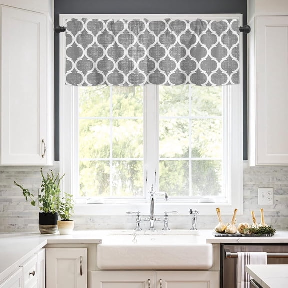 Valances Curtains for Living Room Gray Moroccan Pattern Vintage Style Semi Sheer Valance for Windows Rod Pocket Short Window Treatment Decor Curtains Light Filtering Kitchen Valance 54"x18"