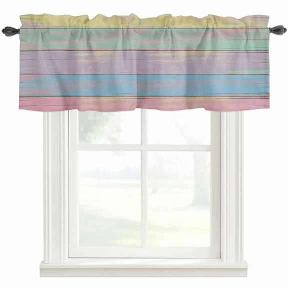 Valances for Kitchen Windows Easter Teal Purple Retro Wood Grain Valance Curtain Rod Pocket Valance, Vintage Farmhouse Plank Window Valances for Bedroom Living Room Bathroom Cafe 42x12in