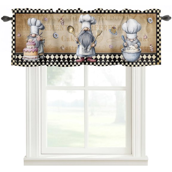Valances for Kitchen Windows Retro Dessert Chef Art Valance Curtain Rod Pocket Valance, Black and White Checker Brown Back Window Valances for Bedroom Living Room Bathroom Cafe 42x12in