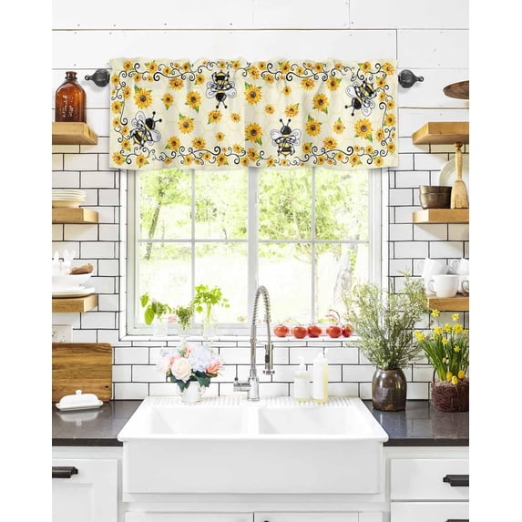 Valances for Kitchen Windows Summer Bee Honey Valance Curtains for Living Room, Sunflower Yellow Black Rod Pocket Window Valance Red Window Treatment for Bathroom Bedroom 54x18inch, Washable