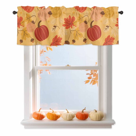 Valances for Kitchen Windows Thanksgiving Pumpkin Fall Orange Maple Leaf Seamless Valance Curtain Rod Pocket Valance, Farm Nuts Harvest Window Valances for Bedroom Living Room Bathroom Cafe 54x18in