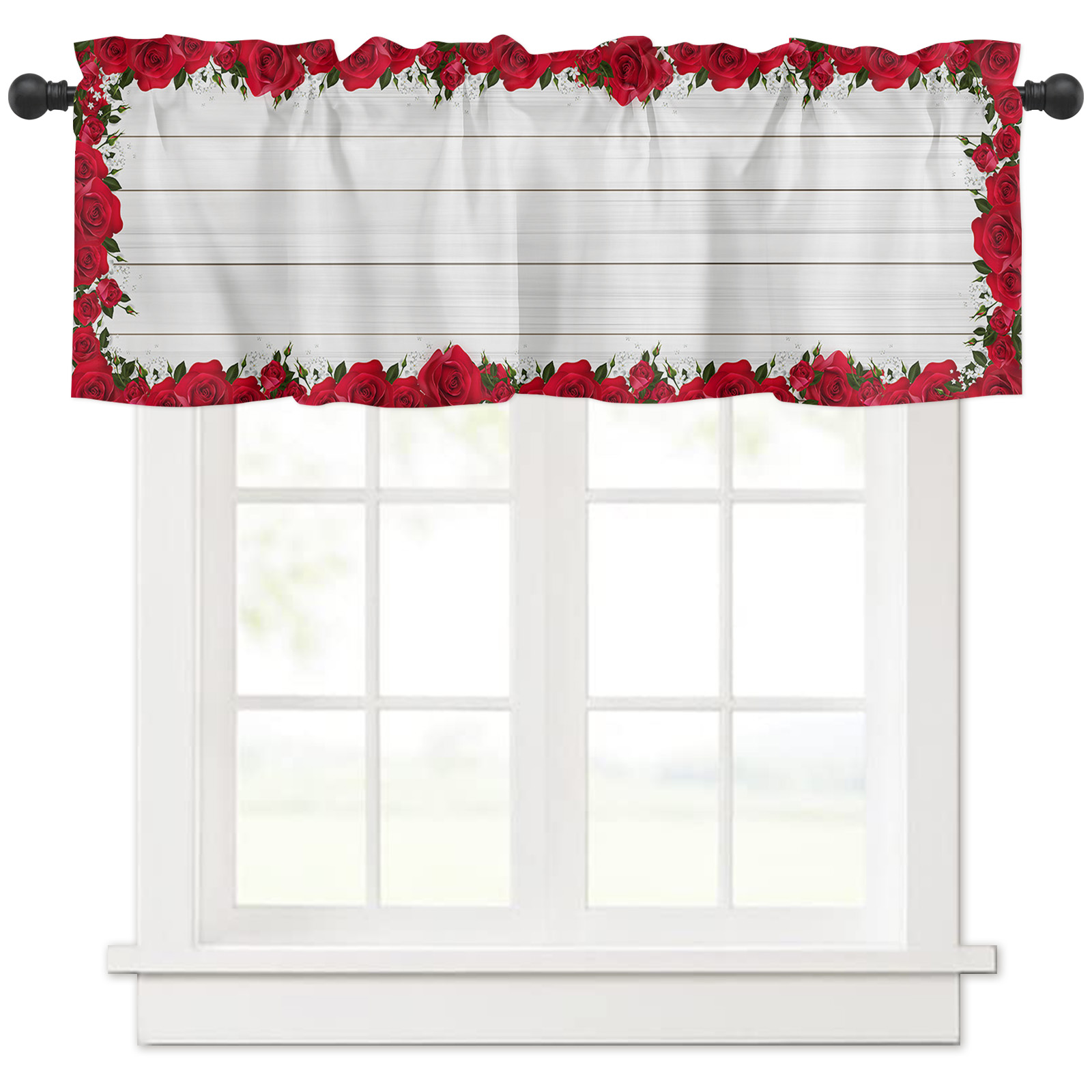 Valances for WIndow ValentIne's Day Red Roses Border White Wood GraIn