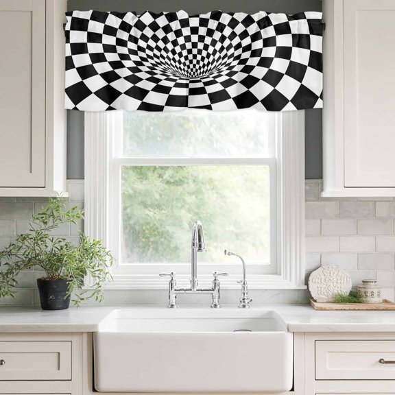 Valances for Windows,3D Checkerboard Tunnel Kitchen Curtain Valance Short Rod Pocket Panels Black White Optical Illusion Small Window Treatment for Living Room Bedroom Bathroom,42"Wx12"L