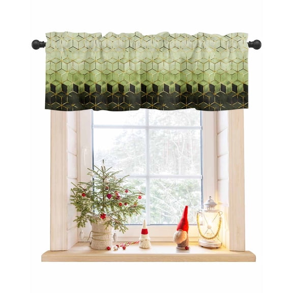 Valances for Windows, Abstract 3D Geometric Sage Green Gradient Rod Pocket Short Window Valance Curtains Holiday Window Treatment for Kitchen Living Room Bathroom, 42"x12"