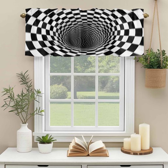 Valances for Windows,Abstract Black White Checkerboard Swirl Kitchen Curtain Valance Short Rod Pocket Panels Vortex Illusion Minimalist Small Window Treatment for Living Room Bedroom,54"Wx18"L