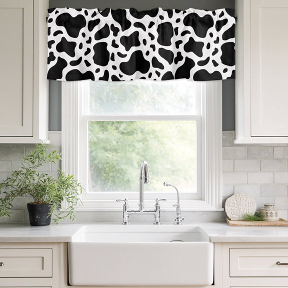 Valances for Windows,Abstract Dairy Cattle Cow Texture Kitchen Curtain Valance Short Rod Pocket Panels Black and White Print Small Window Treatment for Living Room Bedroom,42"Wx12"L