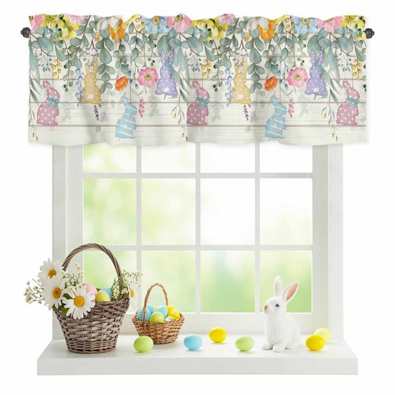 Valances for Windows Abstract Easter Rabbit Egg Rod Pocket Short Curtain for Bathroom Living Room Bedroom Spring Flower Leaf Wood Board 1 Panel 42x12in