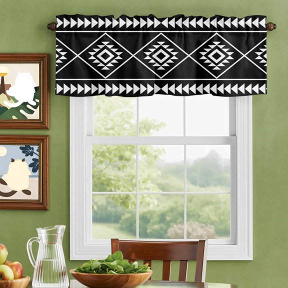 Valances for Windows,Abstract Ethnic Geometric Art Kitchen Curtain Valance Short Rod Pocket Panels Black White Tribal Triangle Small Window Treatment for Living Room Bedroom Bathroom,42"Wx12"L