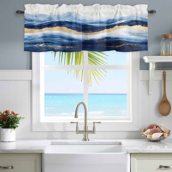 Valances for Windows Abstract Ocean Rough Sea Rod Pocket Short Curtain for Bathroom Living Room Bedroom Marine Big Wave Navy Blue Gold 1 Panel 42x12in