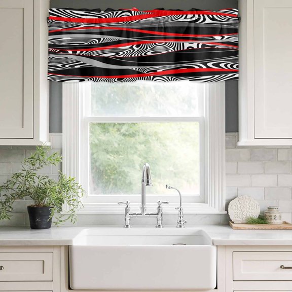 Valances for Windows,Abstract Red Black Stripe Kitchen Curtain Valance Short Rod Pocket Panels Zebra Print Texture Small Window Treatment for Living Room Bedroom Bathroom,42"Wx12"L