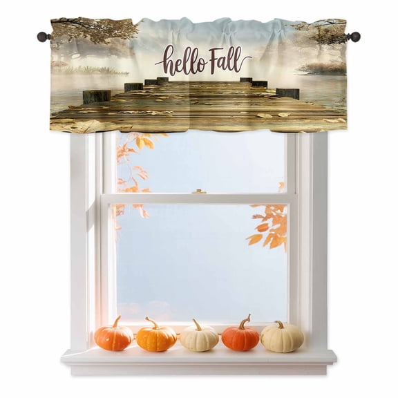Valances for Windows Autumn Maple Leaf Retro Plank Rod Pocket Short Curtain for bathroom living room bedroom Watercolor Lake Vintage Bridge 1 Panel 42x12in