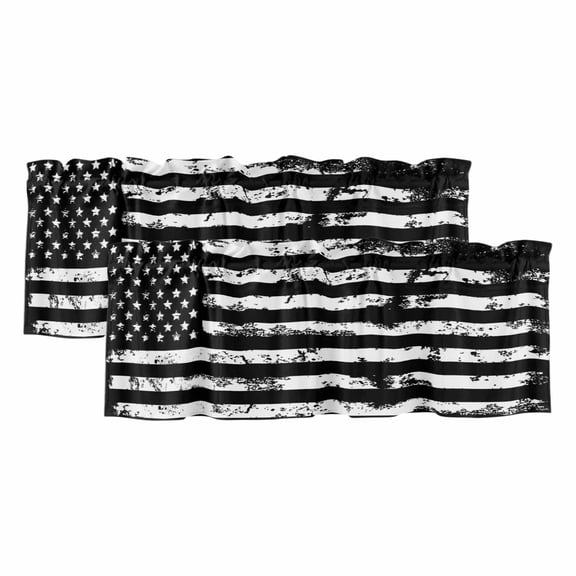 Valances for Windows, Black White Kitchen Curtains Valances 2 Pack for Living Room Bedroom Bathroom, Retro Stars Stripes Flag Shabby Chic Texture Light Filtering Curtains Rod Pocket Valance 42"x12"