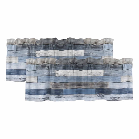 Valances for Windows, Blue Brown Farmhouse Kitchen Curtains Valances 2 Pack for Living Room Bedroom Bathroom, Vintage Wooden Country Light Filtering Curtains Rod Pocket Valance 42"x12"