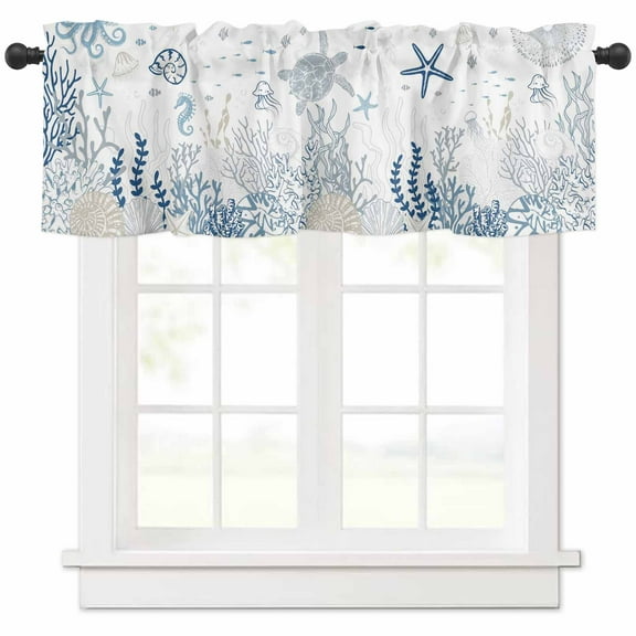Valances for Windows, Blue Coastal Light Filtering Window Valance Curtains for Living Room/Bedroom/Bathroom, Privacy Rod Pocket Kitchen Curtains 54"W x 18"L